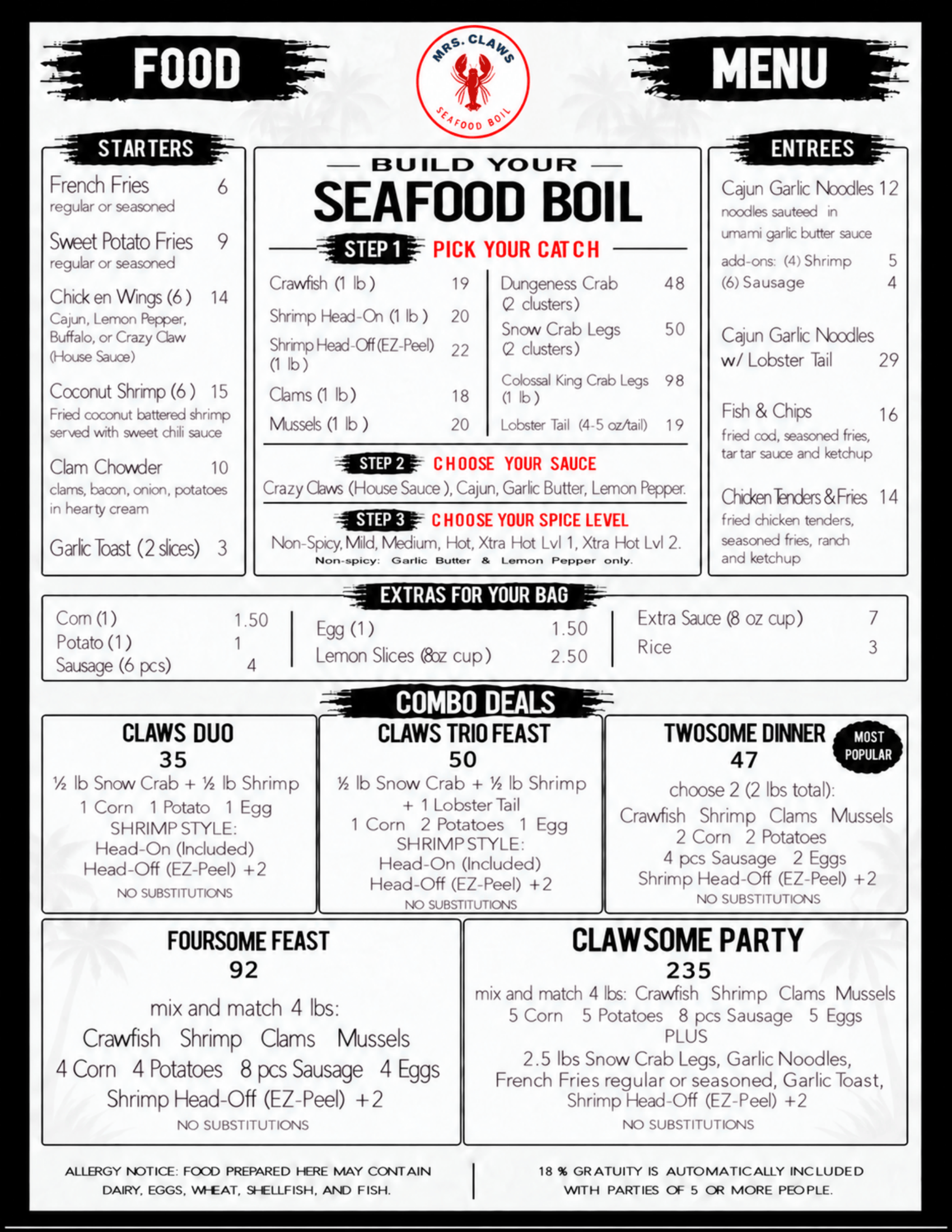 Mrs. Claws Food menu