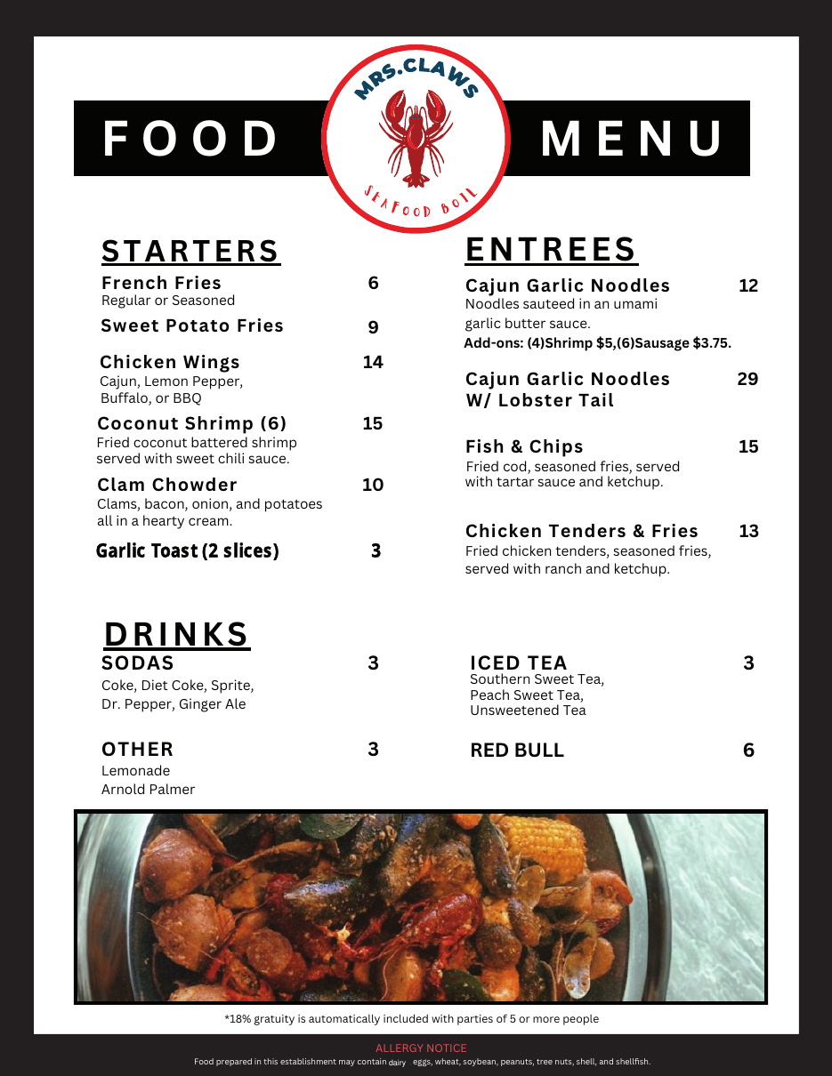 Mrs. Claws menu page 1